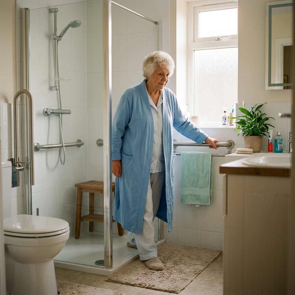 Elderly woman holding a bathroom safety rail next to shower area