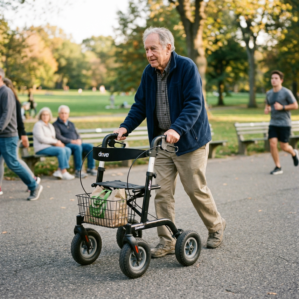 Elderly man walking with a rollator on a park pathway during daytime