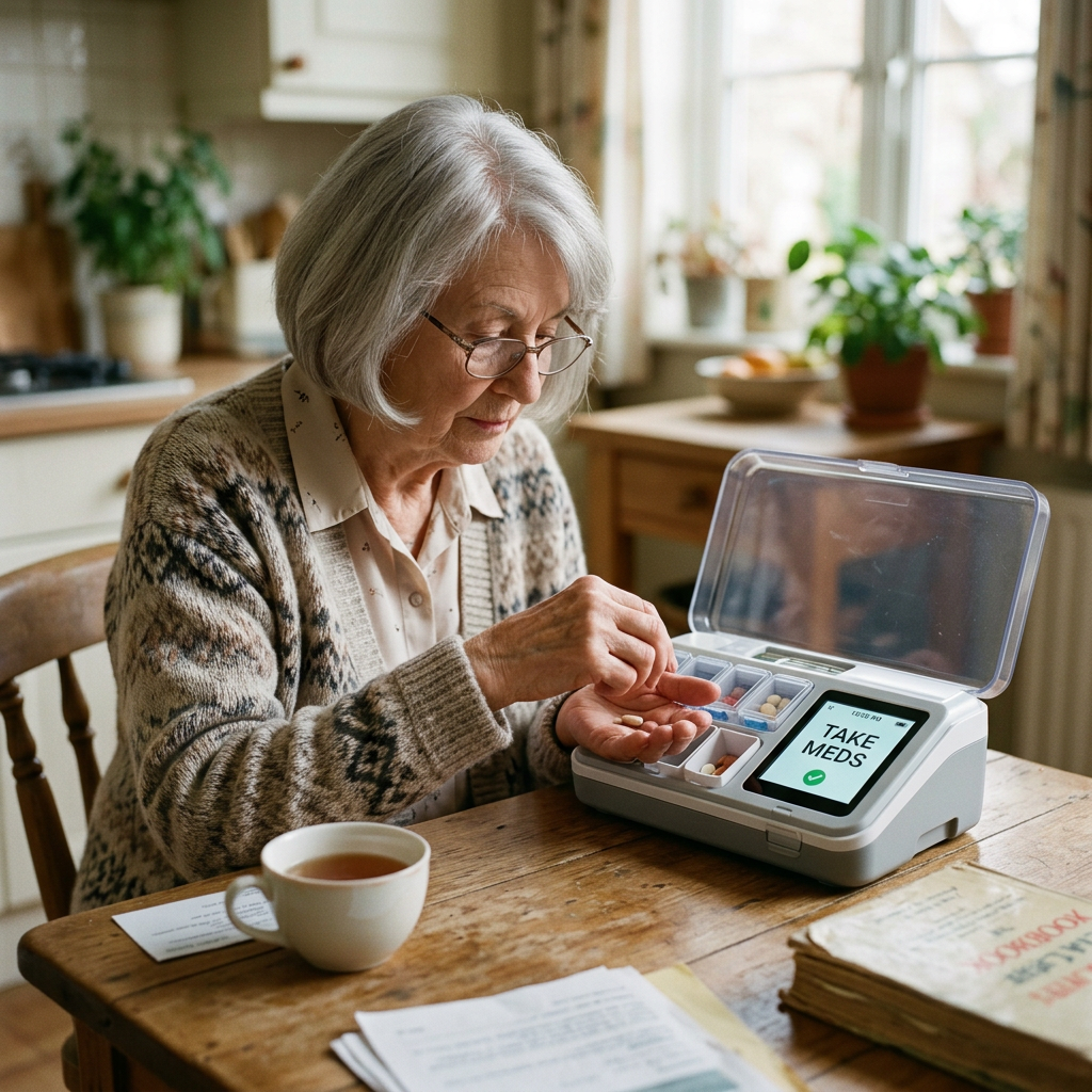 Elderly woman taking pills from an automated dispenser with 'Take Meds' reminder