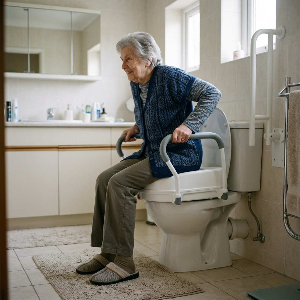Elderly woman sitting on a toilet equipped with safety handles in a bathroom