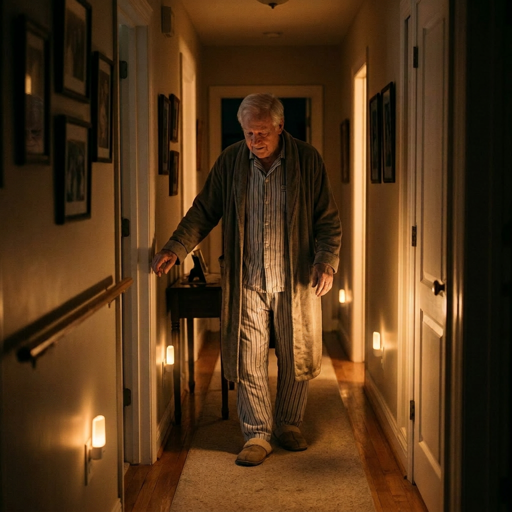 Elderly man in striped pajamas and robe walking down hallway holding lantern