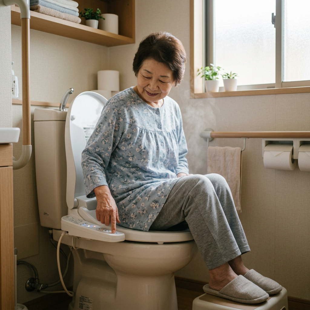 Elderly woman pressing buttons on bidet toilet control panel while seated