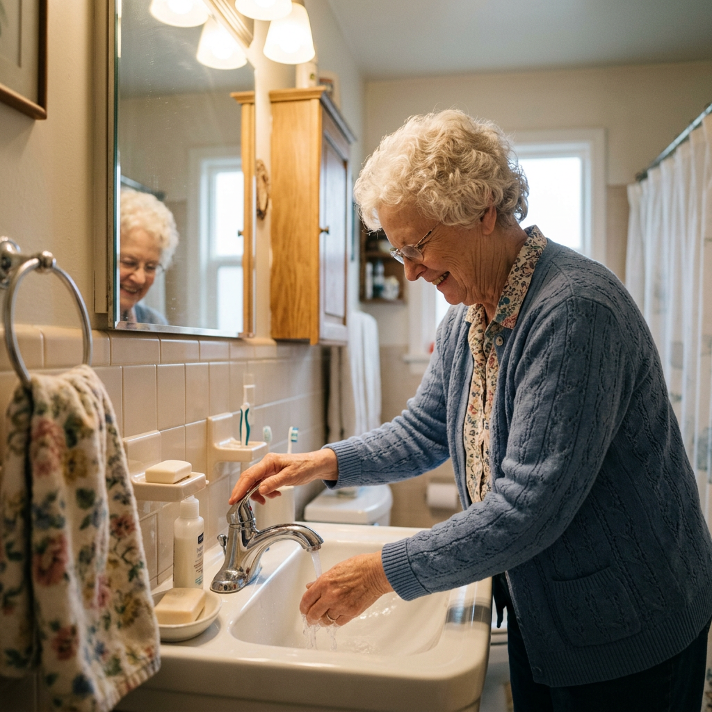 Elderly woman washing hands at bathroom sink with running water