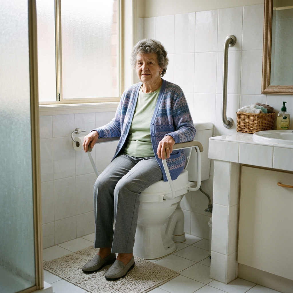 Elderly woman seated on a toilet fitted with safety handrails in a bathroom