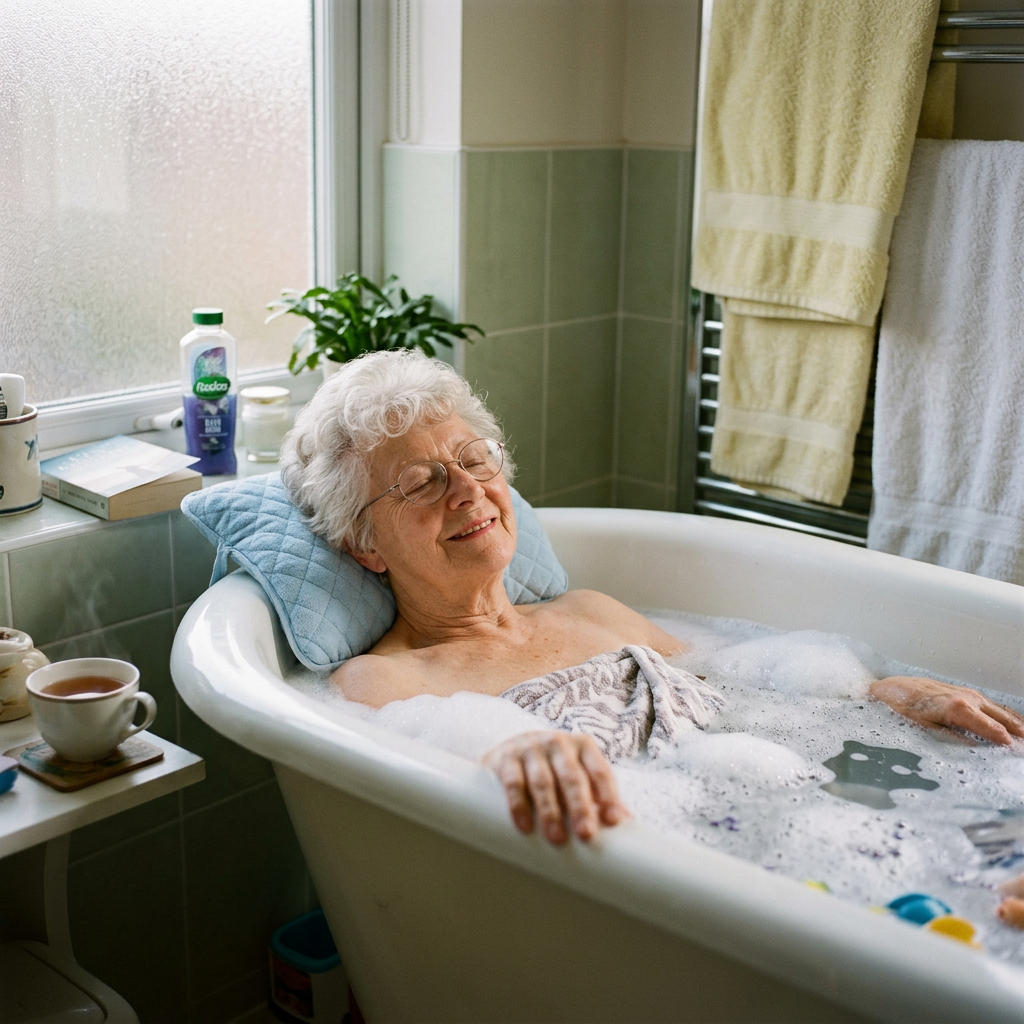 Elderly woman with glasses relaxing in a bubble bath with a pillow