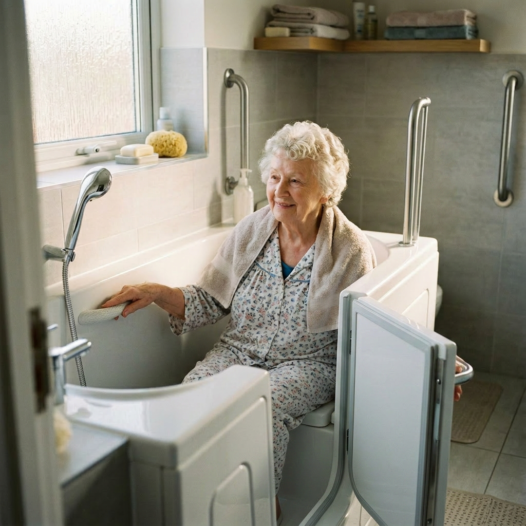 Elderly woman sitting in white walk-in bathtub holding a handrail