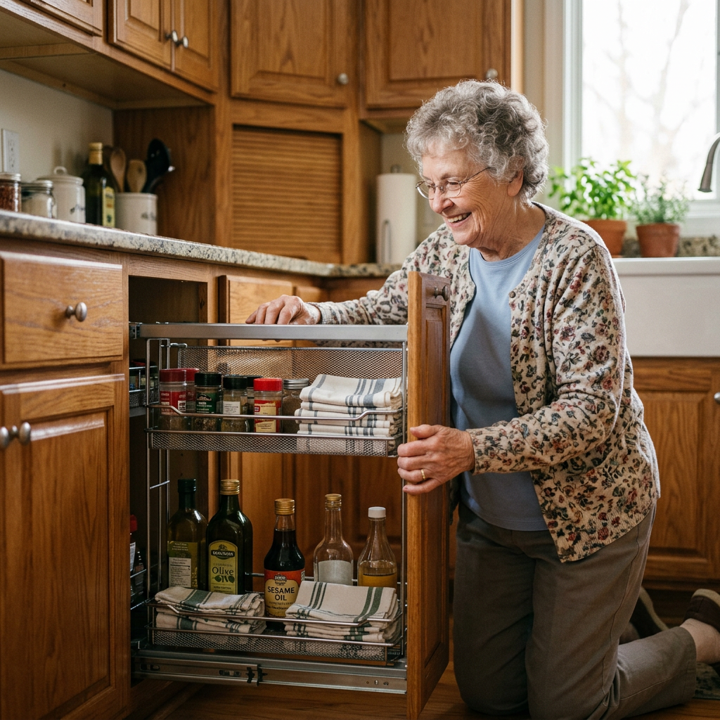 Elderly woman organizing spices and cooking oils in a kitchen pull-out cabinet