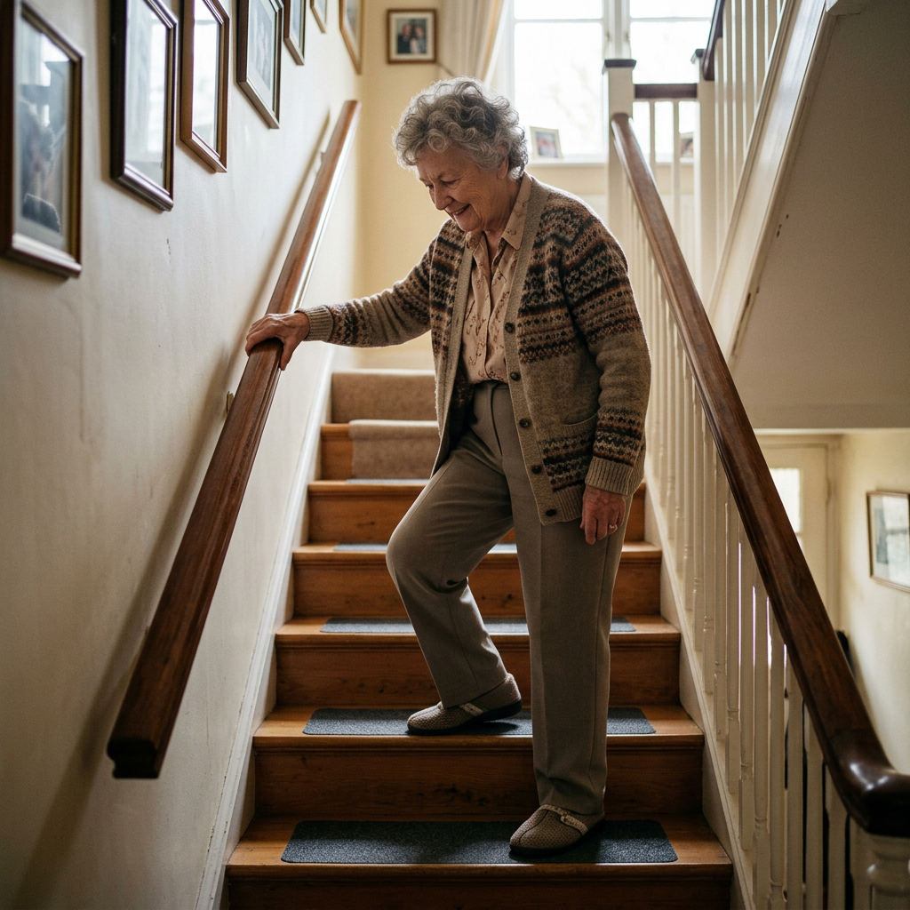 Elderly woman holding handrail as she walks down stairs