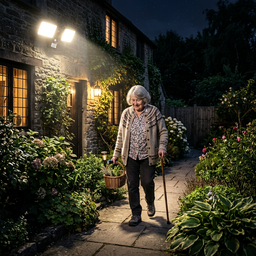 Elderly woman walking in garden at night with basket and cane under outdoor lights