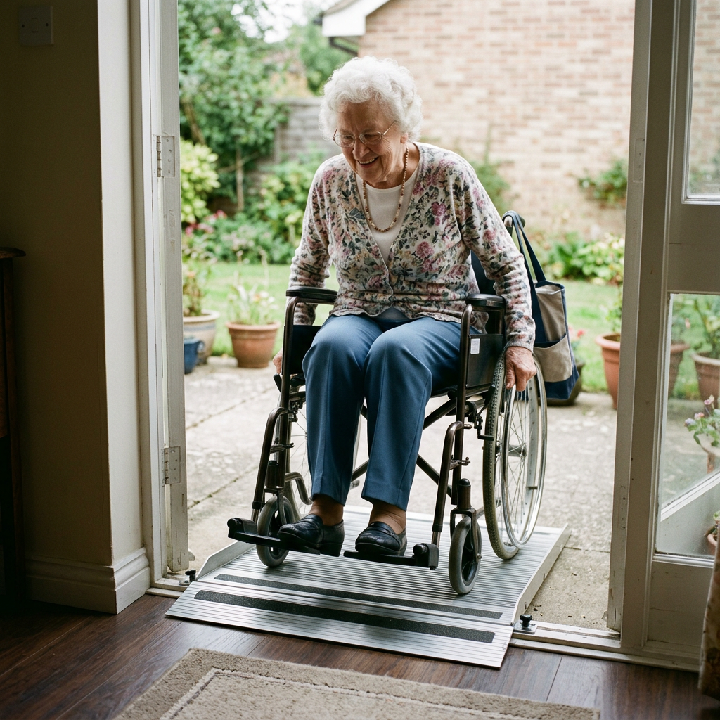 Elderly woman in wheelchair going up a home ramp through a doorway