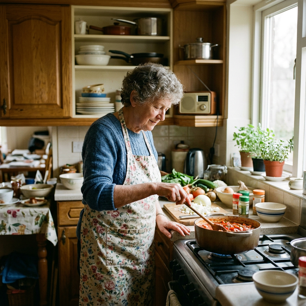 Elderly woman stirring a pot of stew on a stove in a kitchen