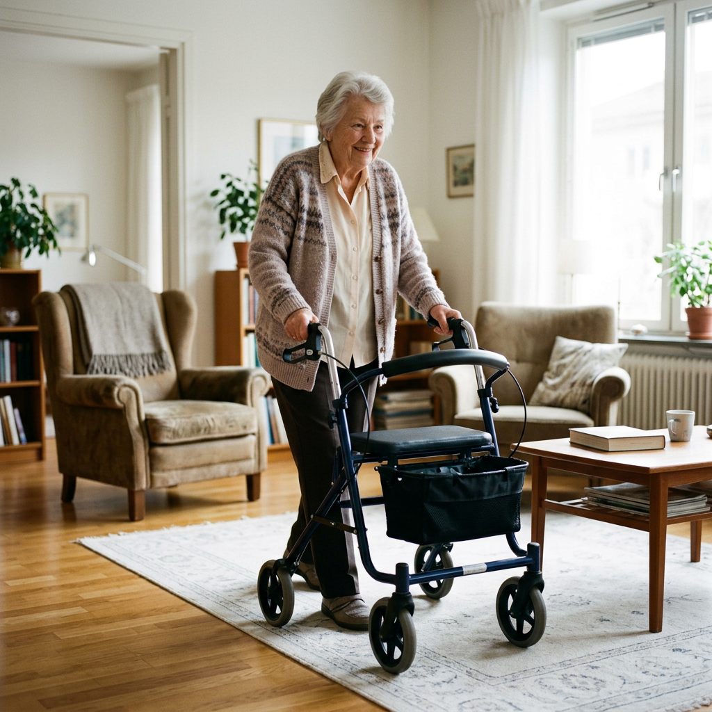 Elderly woman smiling and using a walker in a bright living room