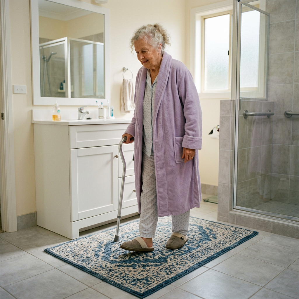 Elderly woman wearing lavender bathrobe and slippers using a walking cane in bathroom