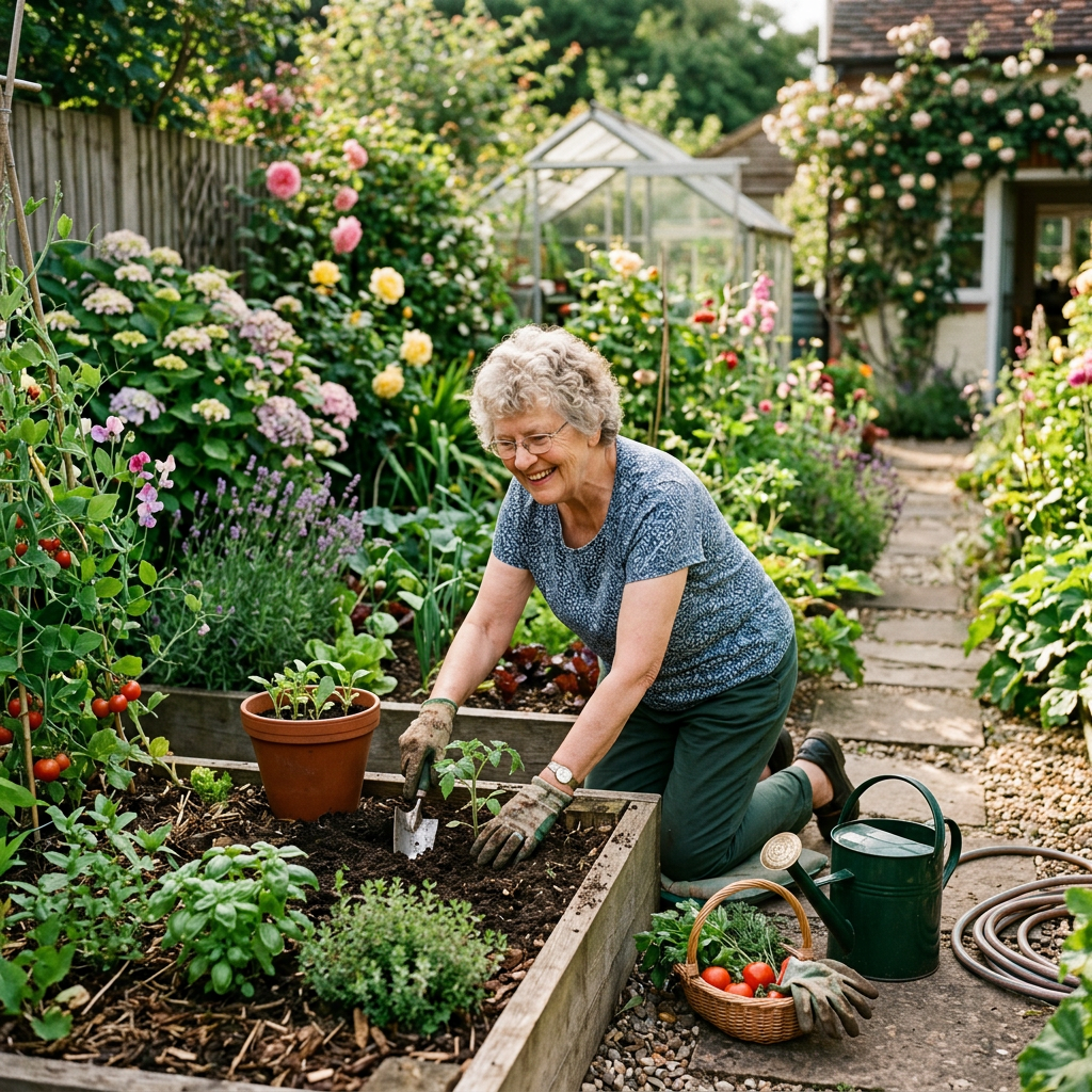 Elderly woman kneeling and planting seedlings in raised garden bed