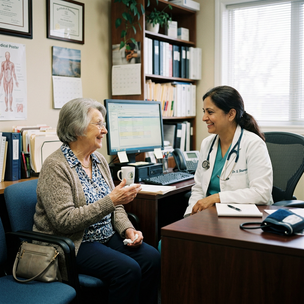Elderly female patient talking with female doctor in medical office