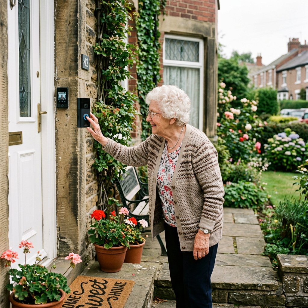 Elderly woman pressing smart doorbell button outside house