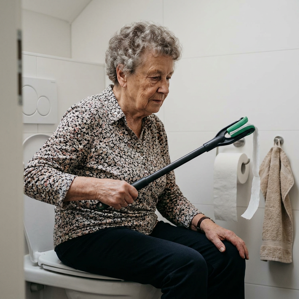 Older woman seated on toilet using a long-handled reacher