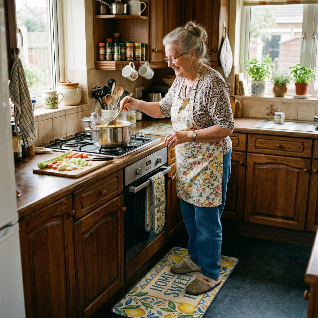 Older woman stirring a pot on the stove in a home kitchen
