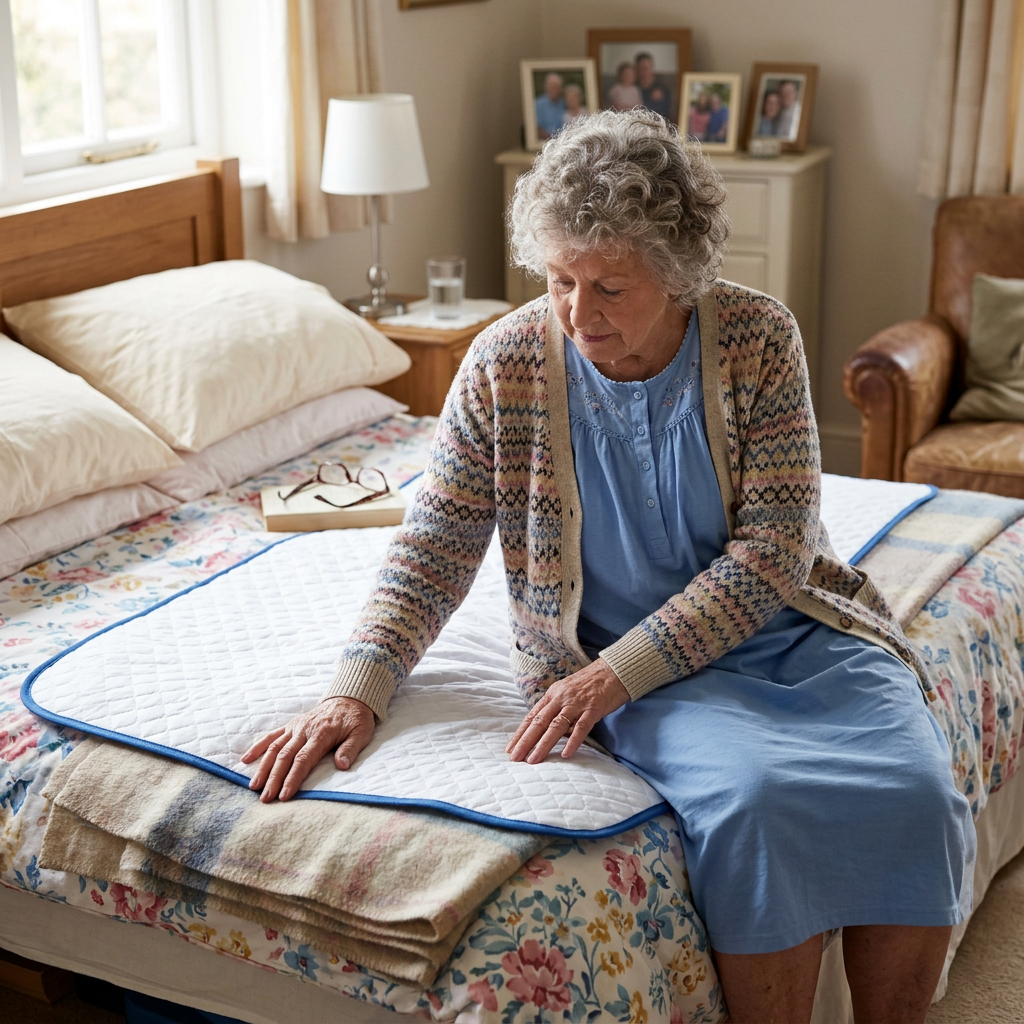 Older woman smoothing a quilt on a bed in a cozy bedroom