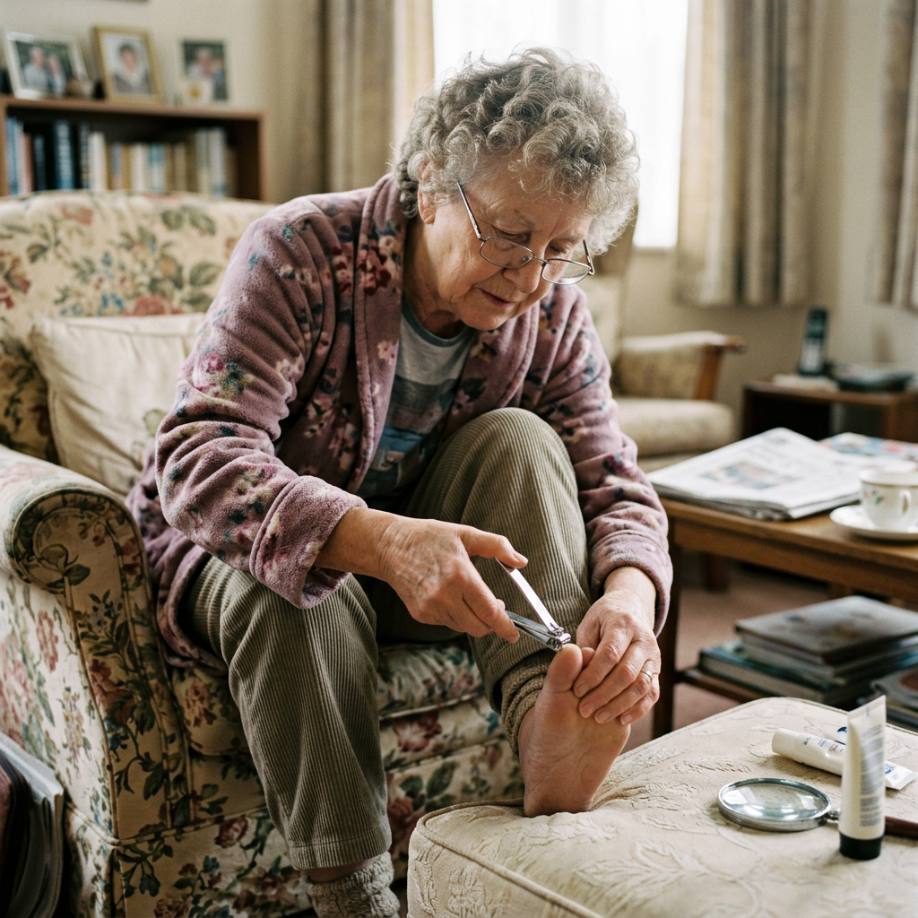 Older woman trimming her toenails while seated in a living room