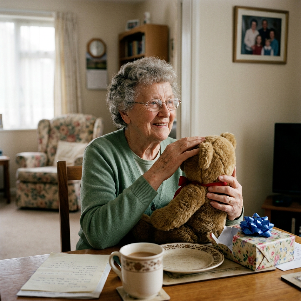 Smiling older woman holding a teddy bear beside a wrapped gift