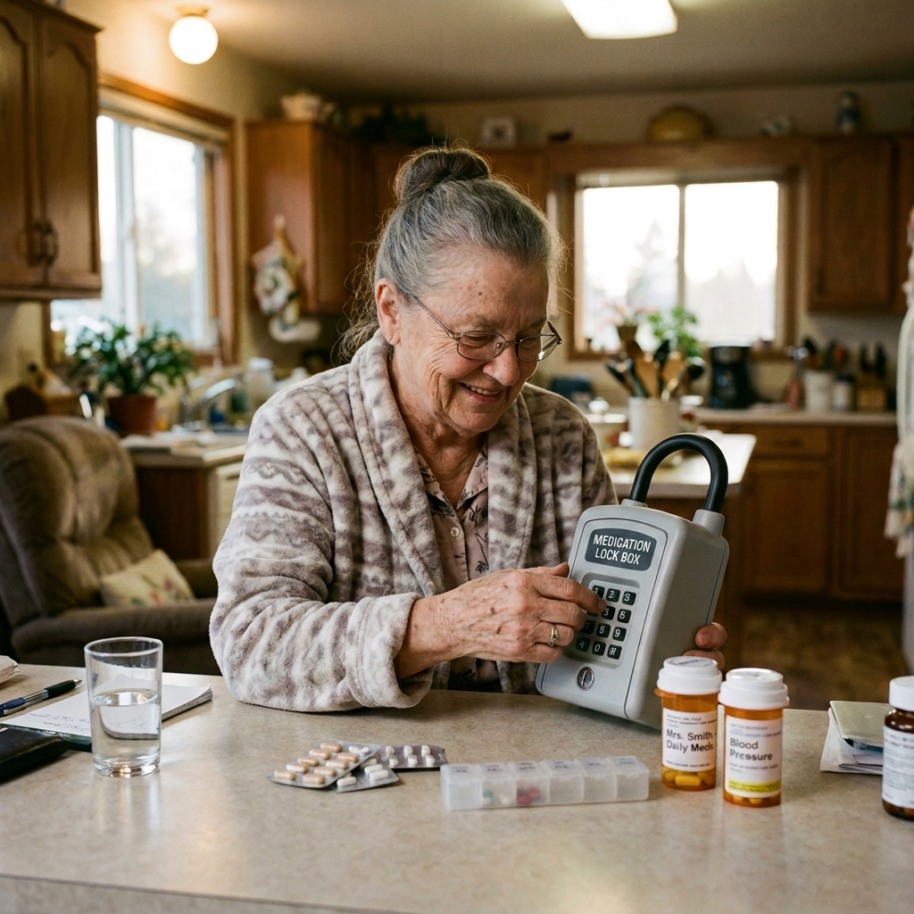 Older woman using MEDICATION LOCK BOX beside Mrs. Smith Daily Meds and Blood Pressure bottles