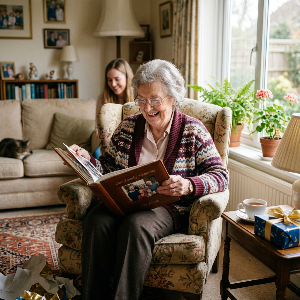 Older woman smiling while looking through a family photo album