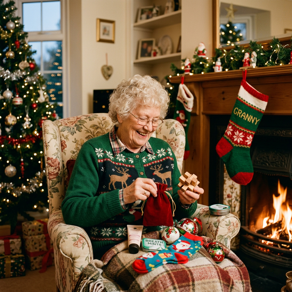 Grandmother smiling while placing gifts in a red bag by a decorated Christmas fireplace