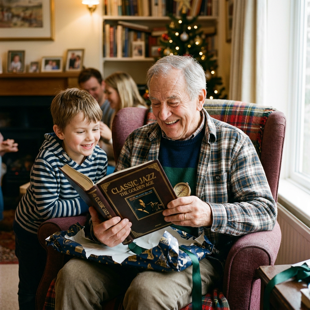Grandfather and grandson reading a classic jazz book beside a Christmas tree