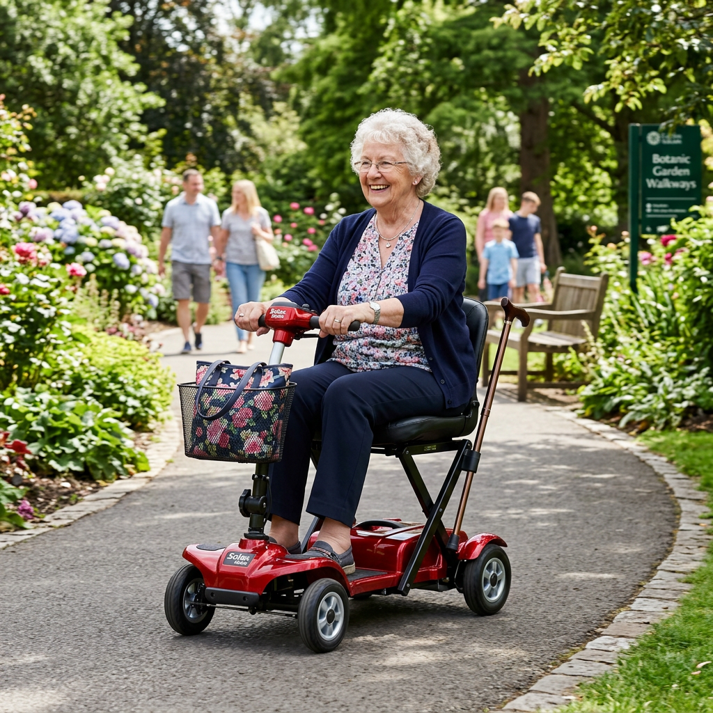 Elderly woman riding a mobility scooter along a botanical garden walkway