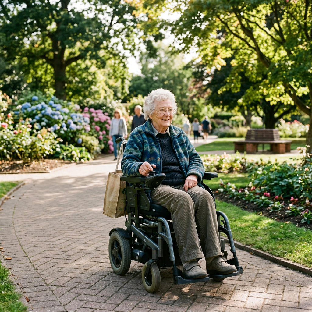 Older woman in a motorized wheelchair on a flower-lined garden path