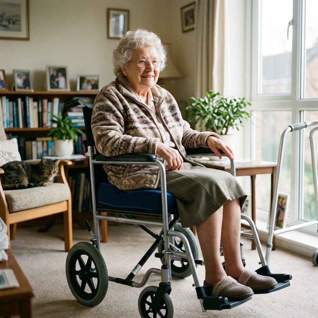 Older woman smiling while seated in a wheelchair beside a walker