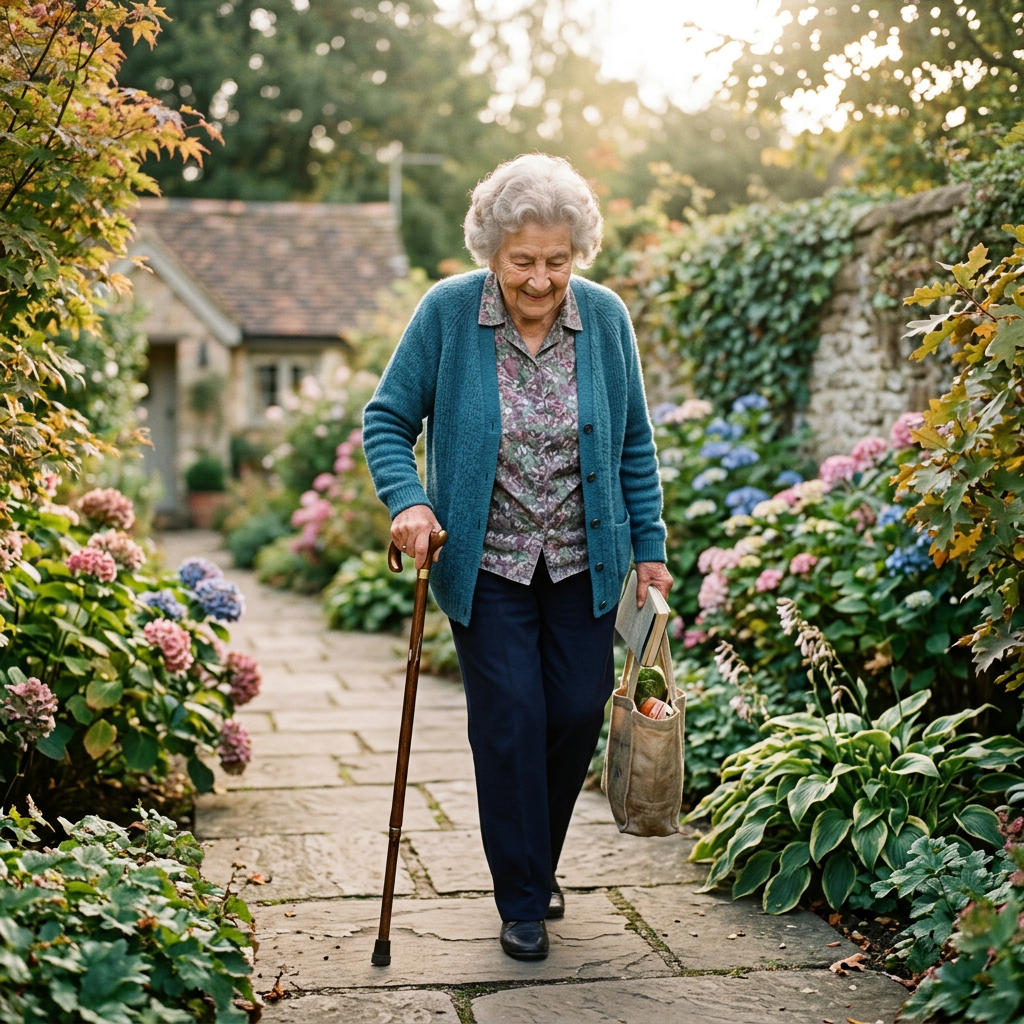 Older woman walking through a flower-filled garden with a cane and gardening tools