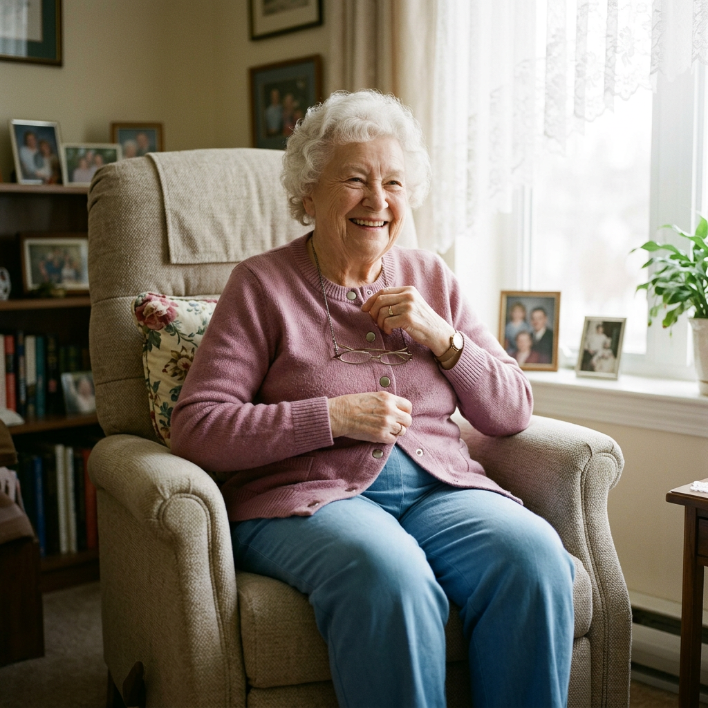 Smiling older woman seated in an armchair beside a bright window