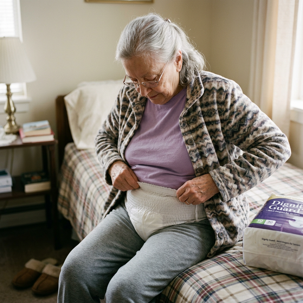 Older woman adjusting garment beside package labeled Dignity Guard adult diapers