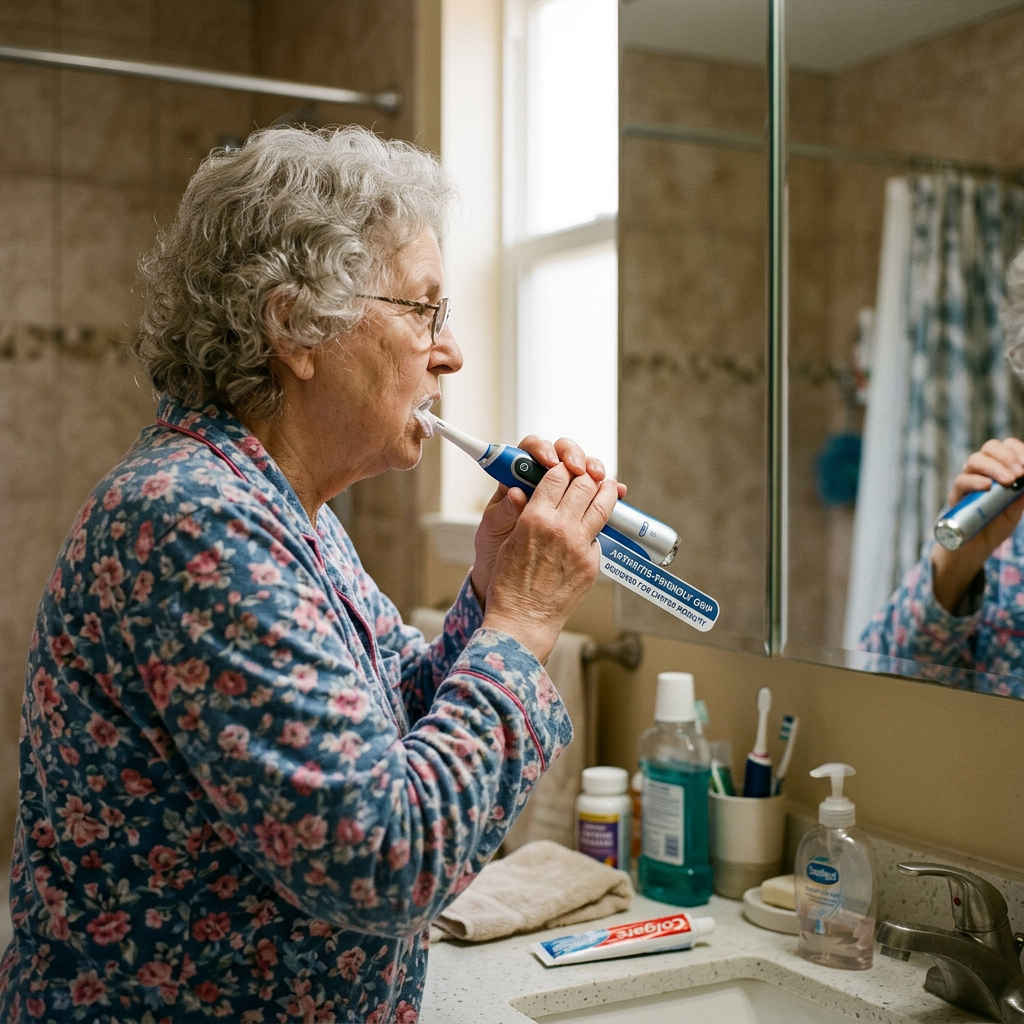 Older woman brushing her teeth with an electric toothbrush in a bathroom