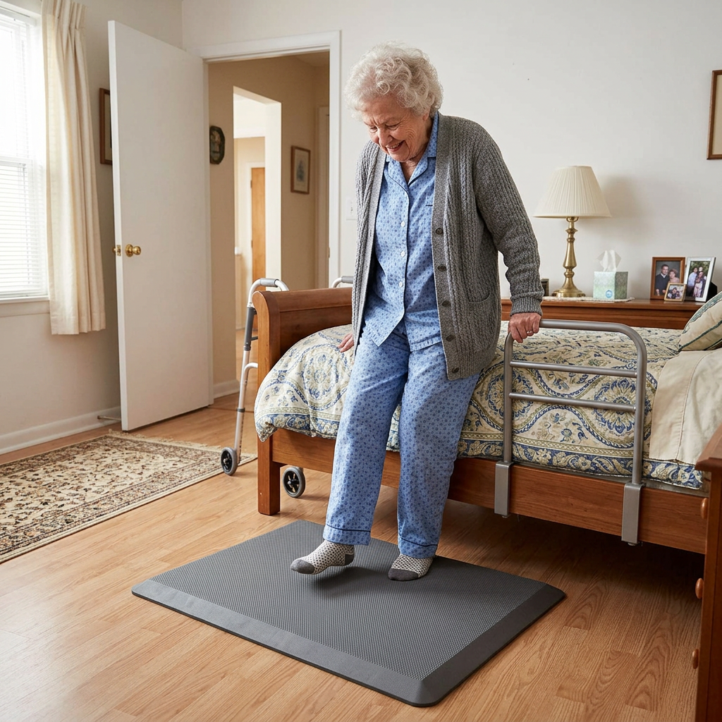 Older woman in pajamas practicing standing with a bed rail and walker
